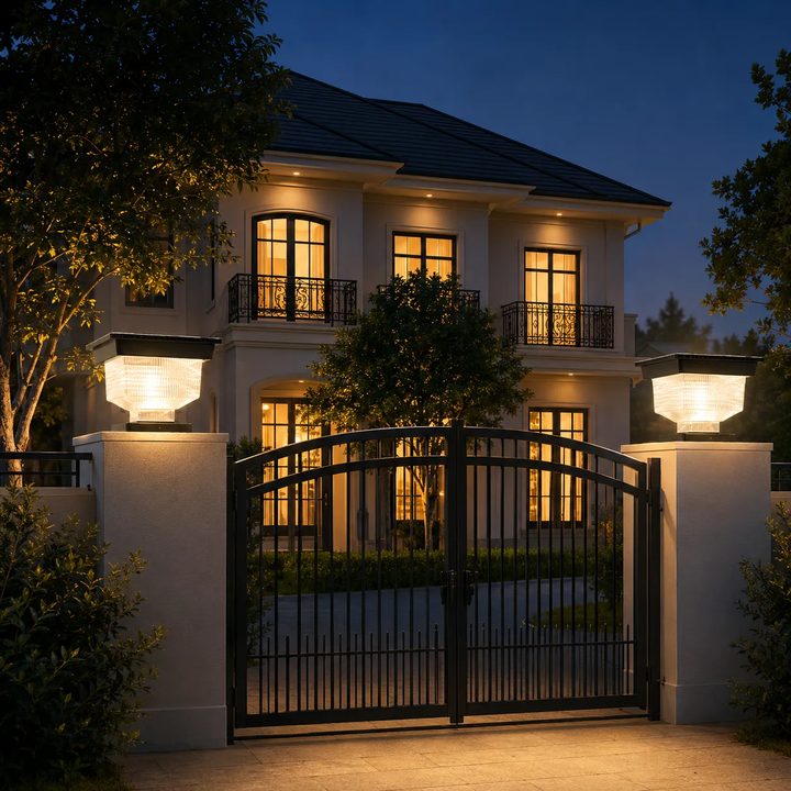 Solar pillar lights installed at a gated residential entrance