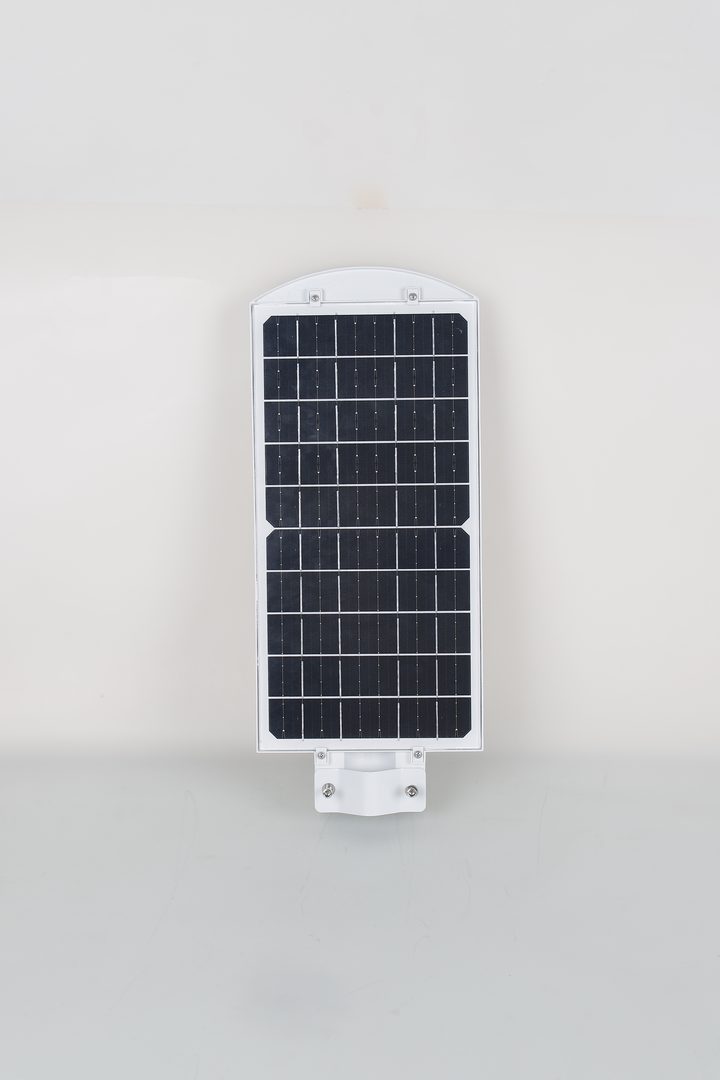 White CF solar street-light housing viewed from the panel side