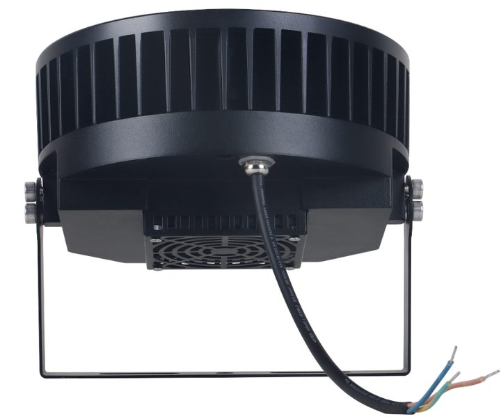 Round COB lamp rear fan, yoke bracket and unterminated connection lead