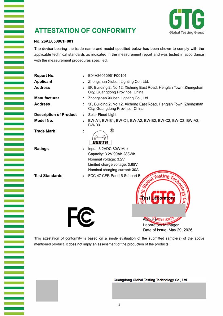 Redacted copy of page 1 of FCC Part 15B attestation of conformity 26AE050961F001 issued by Guangdong Global Testing Technology Co., Ltd.