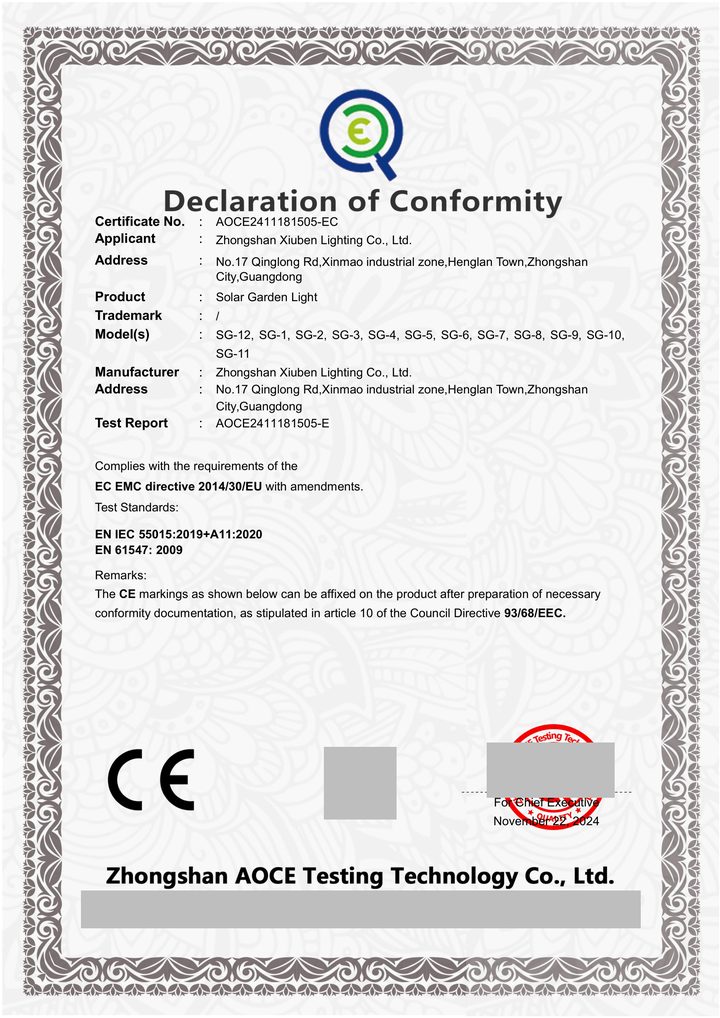 Redacted copy of page 1 of EMC conformity certificate / attestation AOCE2411181505-EC issued by Zhongshan AOCE Testing Technology Co., Ltd.