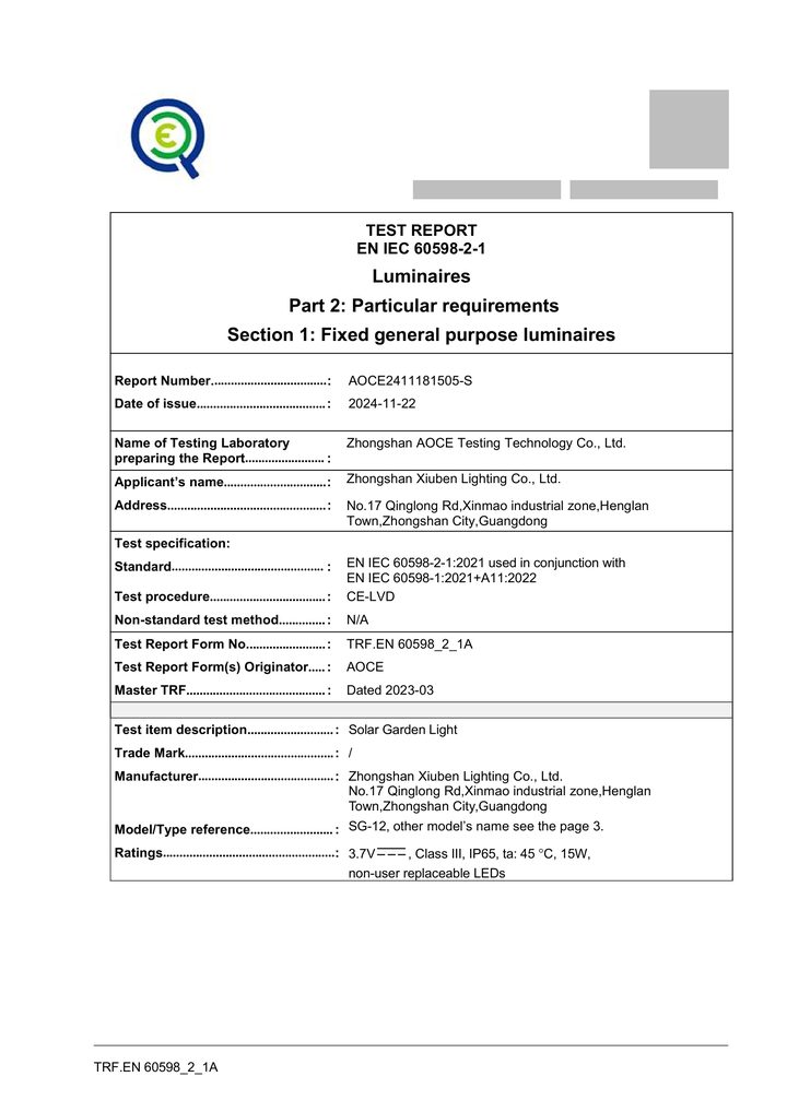 Redacted copy of page 1 of LVD test report AOCE2411181505-S issued by Zhongshan AOCE Testing Technology Co., Ltd.
