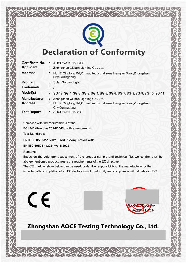 Redacted copy of page 1 of LVD voluntary conformity assessment certificate / attestation AOCE2411181505-SC issued by Zhongshan AOCE Testing Technology Co., Ltd.
