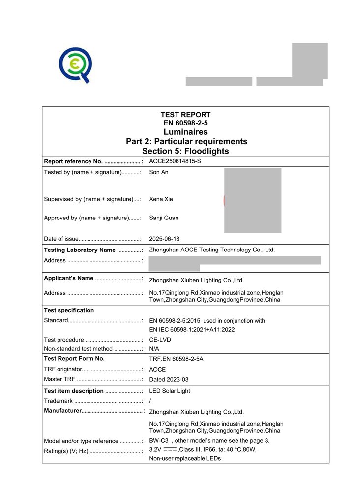 Redacted copy of page 1 of CE-LVD test report AOCE250614815-S issued by Zhongshan AOCE Testing Technology Co., Ltd.