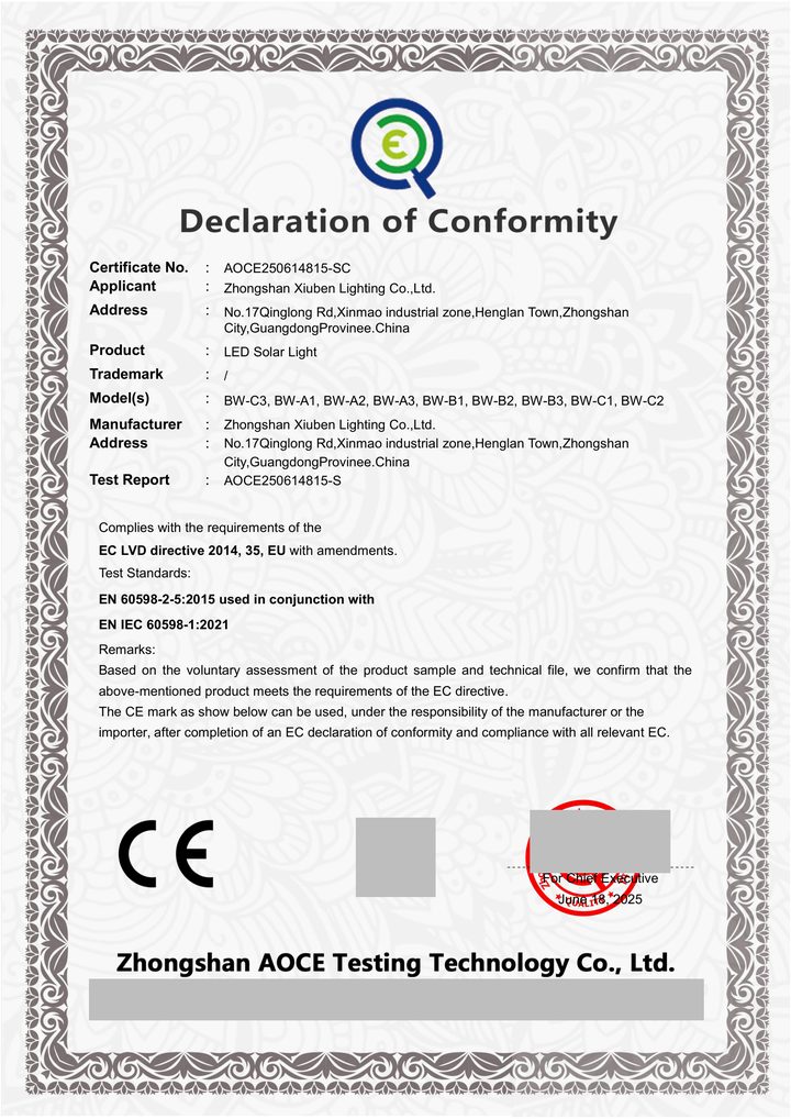 Redacted copy of page 1 of LVD conformity certificate / attestation AOCE250614815-SC issued by Zhongshan AOCE Testing Technology Co., Ltd.