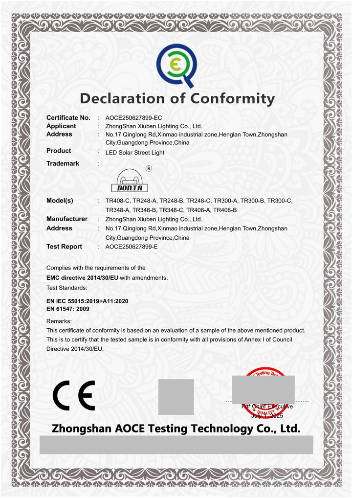 Redacted copy of page 1 of EMC conformity certificate / attestation AOCE250627899-EC issued by Zhongshan AOCE Testing Technology Co., Ltd.