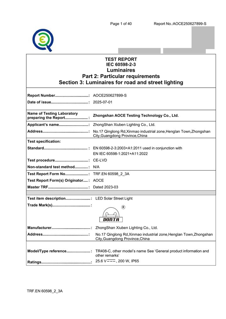 Redacted copy of page 1 of CE-LVD road/street-light test report AOCE250627899-S issued by Zhongshan AOCE Testing Technology Co., Ltd.