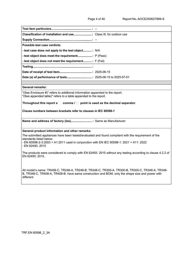 Redacted copy of page 4 of CE-LVD road/street-light test report AOCE250627899-S issued by Zhongshan AOCE Testing Technology Co., Ltd.