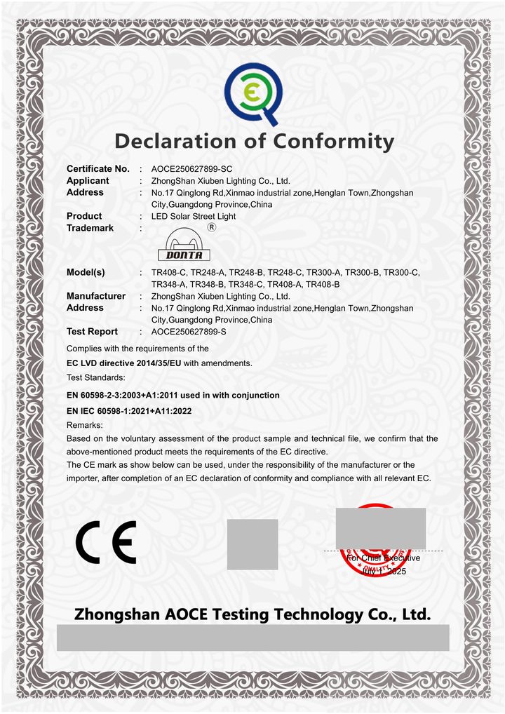 Redacted copy of page 1 of LVD conformity certificate / attestation AOCE250627899-SC issued by Zhongshan AOCE Testing Technology Co., Ltd.