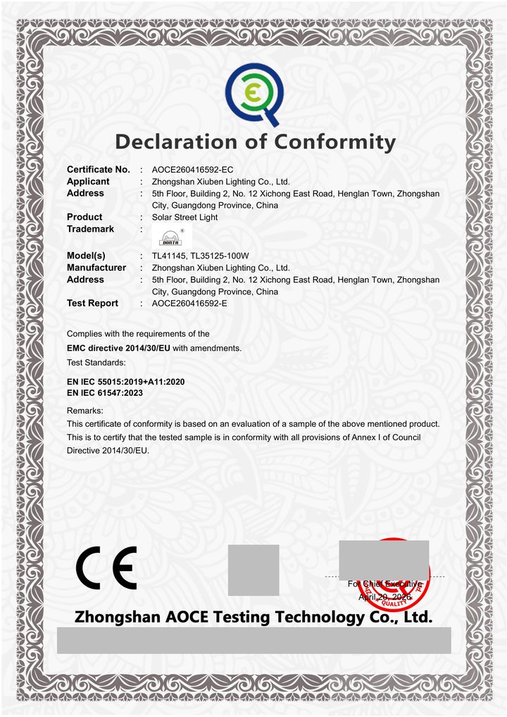 Redacted copy of page 1 of EMC conformity certificate / attestation AOCE260416592-EC issued by Zhongshan AOCE Testing Technology Co., Ltd.