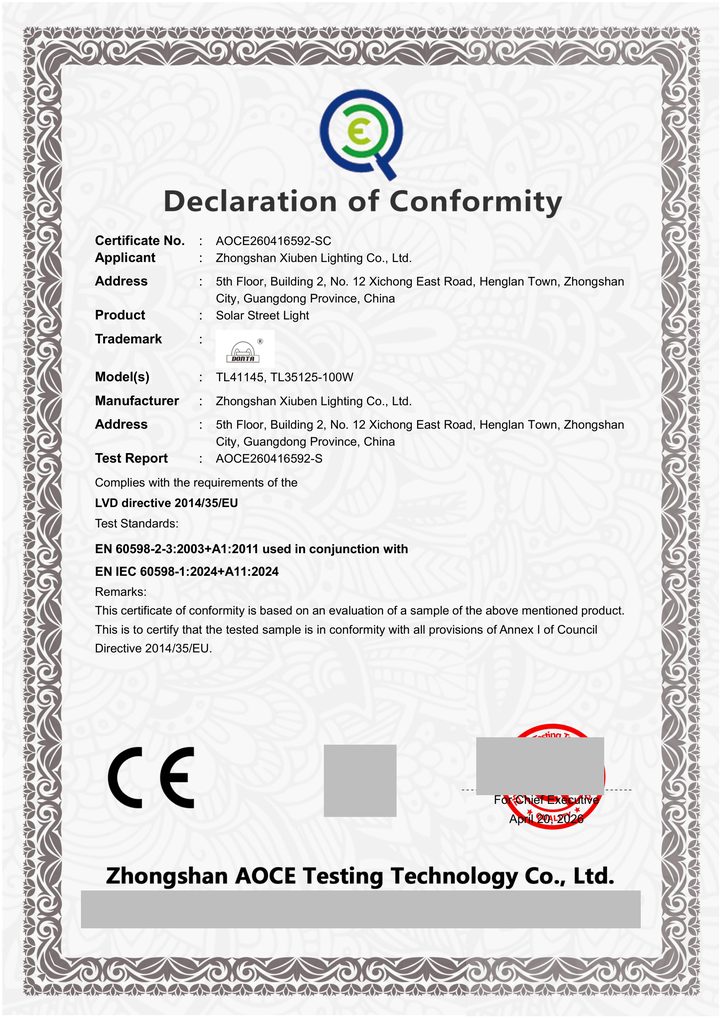 Redacted copy of page 1 of LVD conformity certificate / attestation AOCE260416592-SC issued by Zhongshan AOCE Testing Technology Co., Ltd.