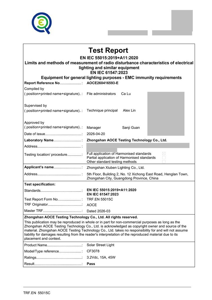 Redacted copy of page 1 of EMC test report AOCE260416593-E issued by Zhongshan AOCE Testing Technology Co., Ltd.