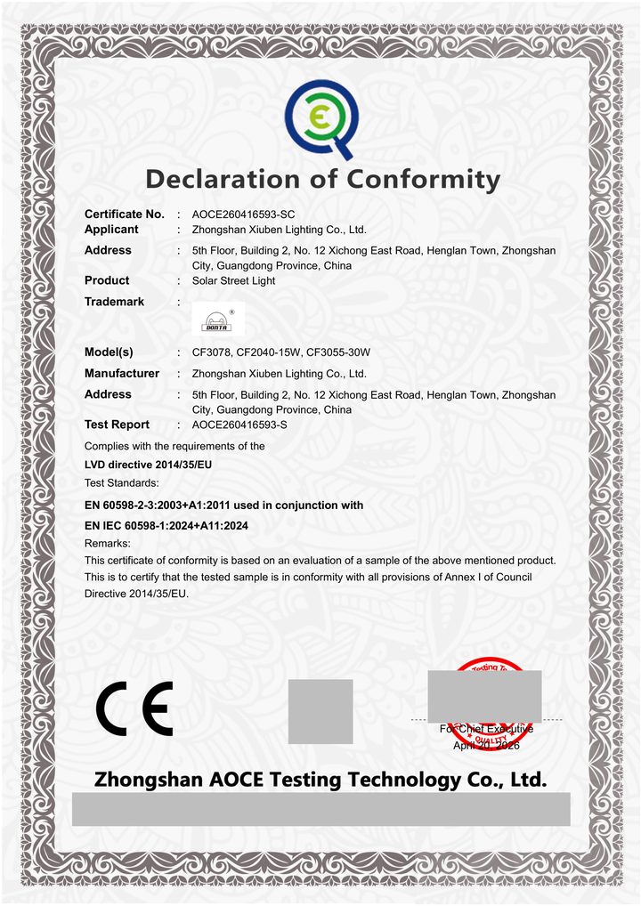 Redacted copy of page 1 of LVD conformity certificate / attestation AOCE260416593-SC issued by Zhongshan AOCE Testing Technology Co., Ltd.