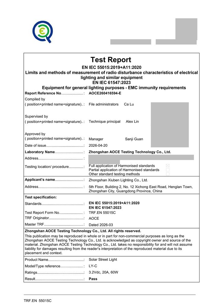 Redacted copy of page 1 of EMC test report AOCE260416594-E issued by Zhongshan AOCE Testing Technology Co., Ltd.