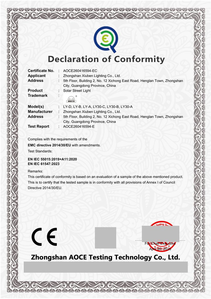 Redacted copy of page 1 of EMC conformity certificate / attestation AOCE260416594-EC issued by Zhongshan AOCE Testing Technology Co., Ltd.