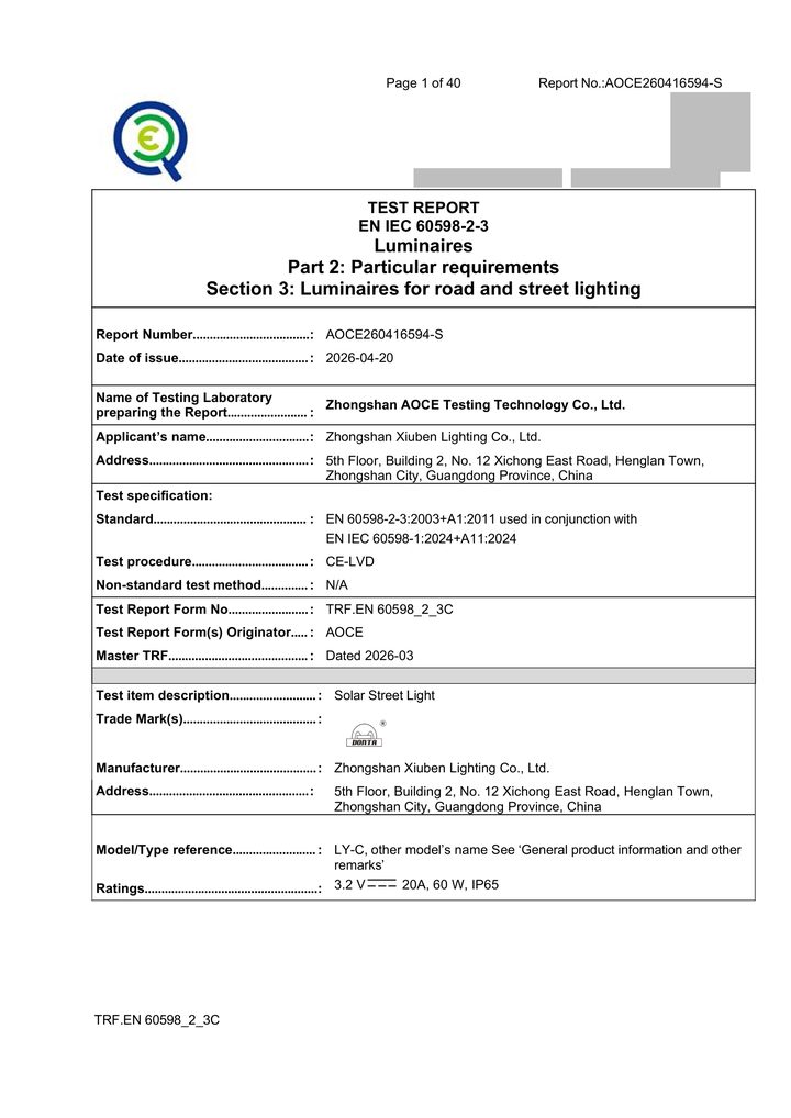 Redacted copy of page 1 of CE-LVD road/street-light test report AOCE260416594-S issued by Zhongshan AOCE Testing Technology Co., Ltd.
