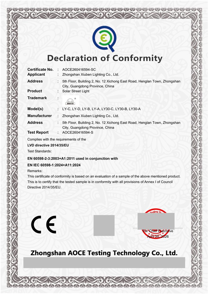 Redacted copy of page 1 of LVD conformity certificate / attestation AOCE260416594-SC issued by Zhongshan AOCE Testing Technology Co., Ltd.