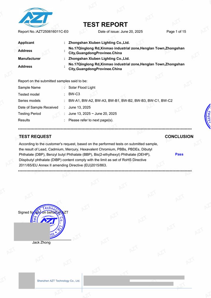 Redacted copy of page 1 of RoHS selected-material test report AZT250616011C-E0 issued by Shenzhen AZT Technology Co., Ltd.