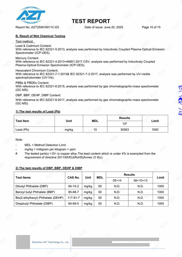 Redacted copy of page 10 of RoHS selected-material test report AZT250616011C-E0 issued by Shenzhen AZT Technology Co., Ltd.