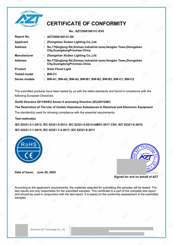 Redacted copy of page 1 of RoHS Certificate of Conformity AZT250616011C-EV0 issued by Shenzhen AZT Technology Co., Ltd.