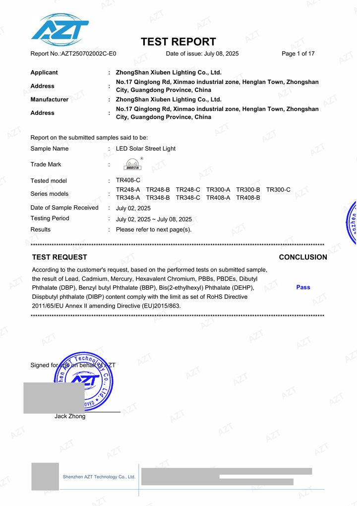 Redacted copy of page 1 of RoHS selected-material test report AZT250702002C-E0 issued by Shenzhen AZT Technology Co., Ltd.