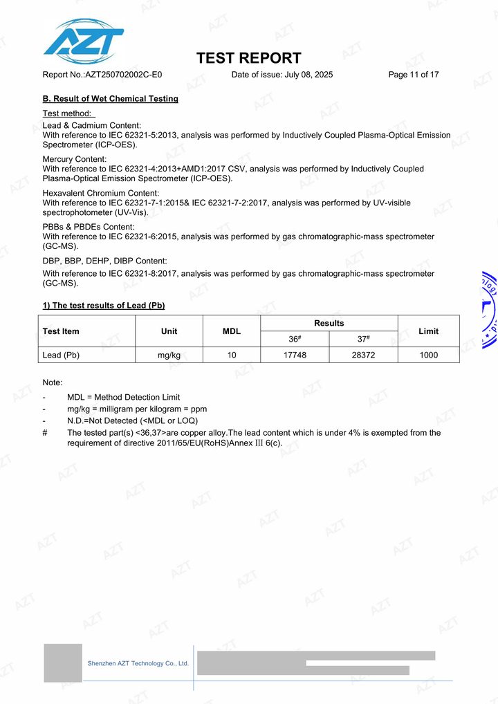Redacted copy of page 11 of RoHS selected-material test report AZT250702002C-E0 issued by Shenzhen AZT Technology Co., Ltd.