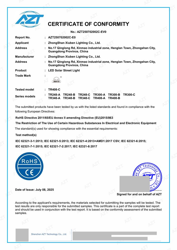 Redacted copy of page 1 of RoHS Certificate of Conformity AZT250702002C-EV0 issued by Shenzhen AZT Technology Co., Ltd.