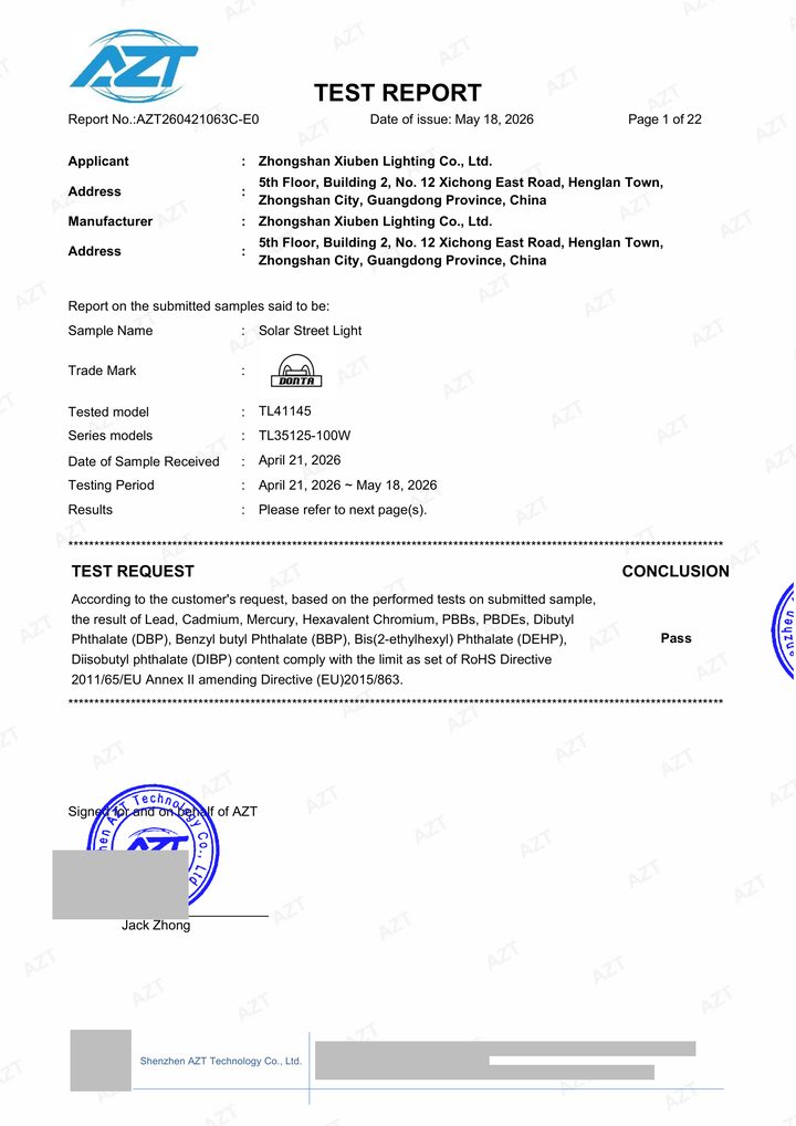 Redacted copy of page 1 of RoHS selected-material test report AZT260421063C-E0 issued by Shenzhen AZT Technology Co., Ltd.