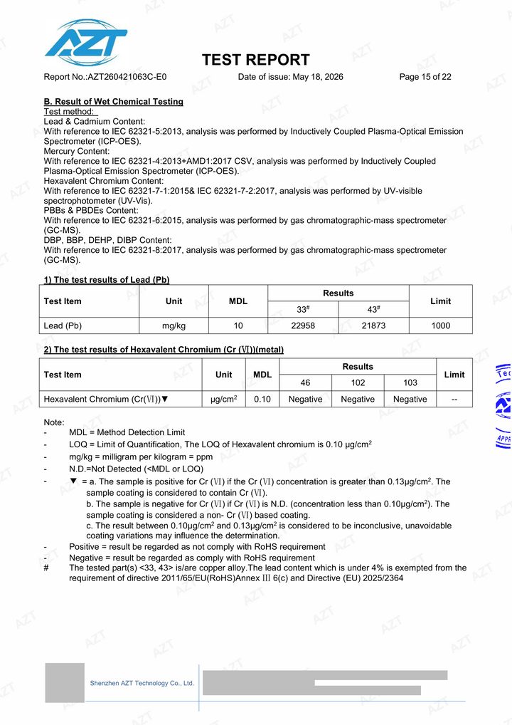 Redacted copy of page 15 of RoHS selected-material test report AZT260421063C-E0 issued by Shenzhen AZT Technology Co., Ltd.
