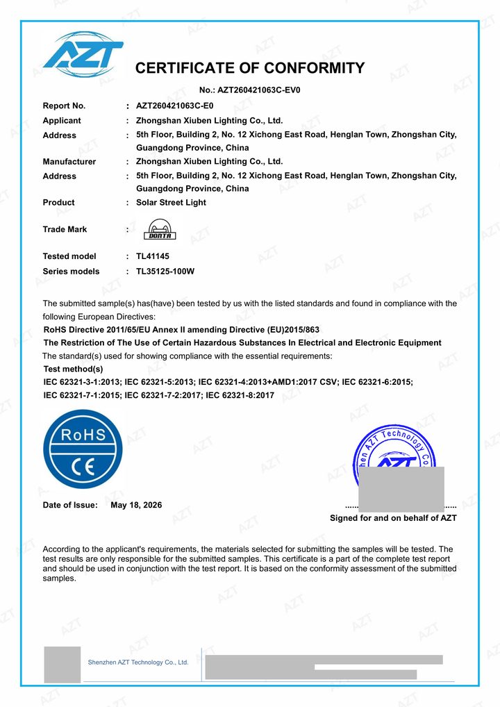 Redacted copy of page 1 of RoHS Certificate of Conformity AZT260421063C-EV0 issued by Shenzhen AZT Technology Co., Ltd.