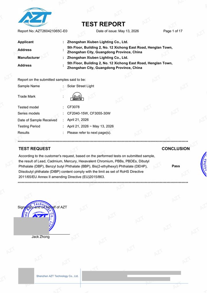 Redacted copy of page 1 of RoHS selected-material test report AZT260421065C-E0 issued by Shenzhen AZT Technology Co., Ltd.