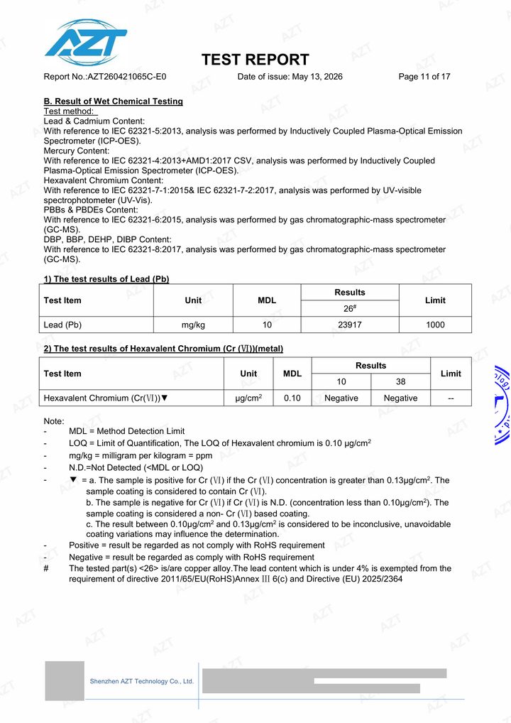 Redacted copy of page 11 of RoHS selected-material test report AZT260421065C-E0 issued by Shenzhen AZT Technology Co., Ltd.