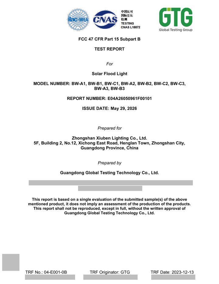 Redacted copy of page 1 of FCC Part 15B test report E04A26050961F00101 issued by Guangdong Global Testing Technology Co., Ltd.