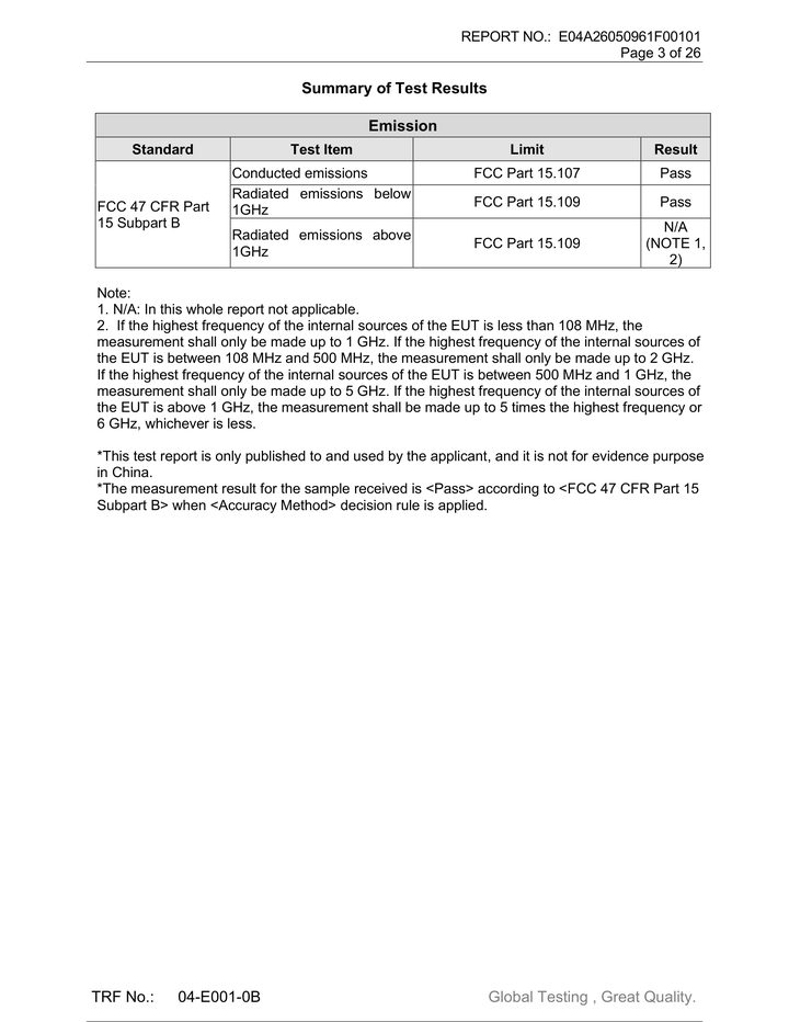Redacted copy of page 3 of FCC Part 15B test report E04A26050961F00101 issued by Guangdong Global Testing Technology Co., Ltd.