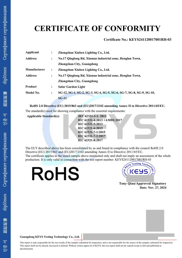 Redacted copy of page 1 of RoHS Certificate of Conformity KEYS241120017001RH-03 issued by Guangdong KEYS Testing Technology Co., Ltd.