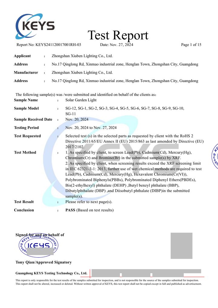 Redacted copy of page 1 of RoHS selected-component test report KEYS241120017001RH-03 issued by Guangdong KEYS Testing Technology Co., Ltd.