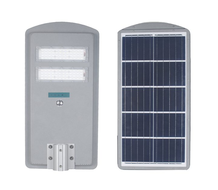 Front and panel-side views of a grey street-light design with two separate lens arrays.