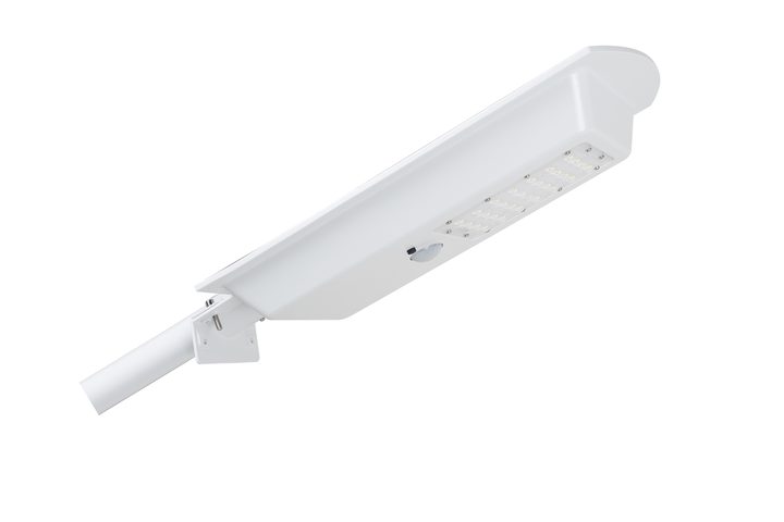 White street-light underside with its bracket and a tube shown beneath the housing.