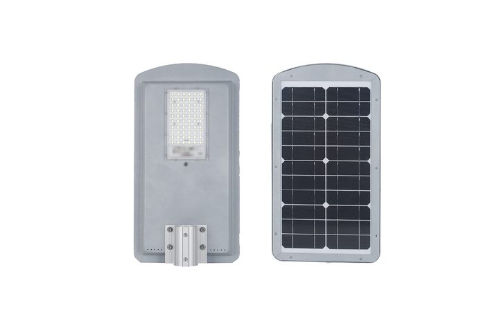 Front and rear views of a grey street-light design with a single lens array.