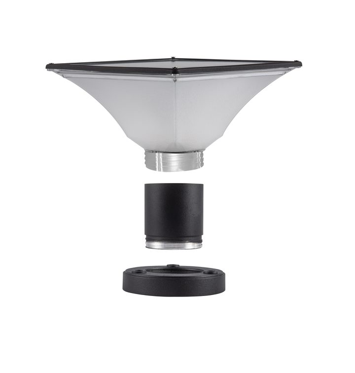 Square lamp head, sleeve and round base shown separately, with a threaded neck visible.