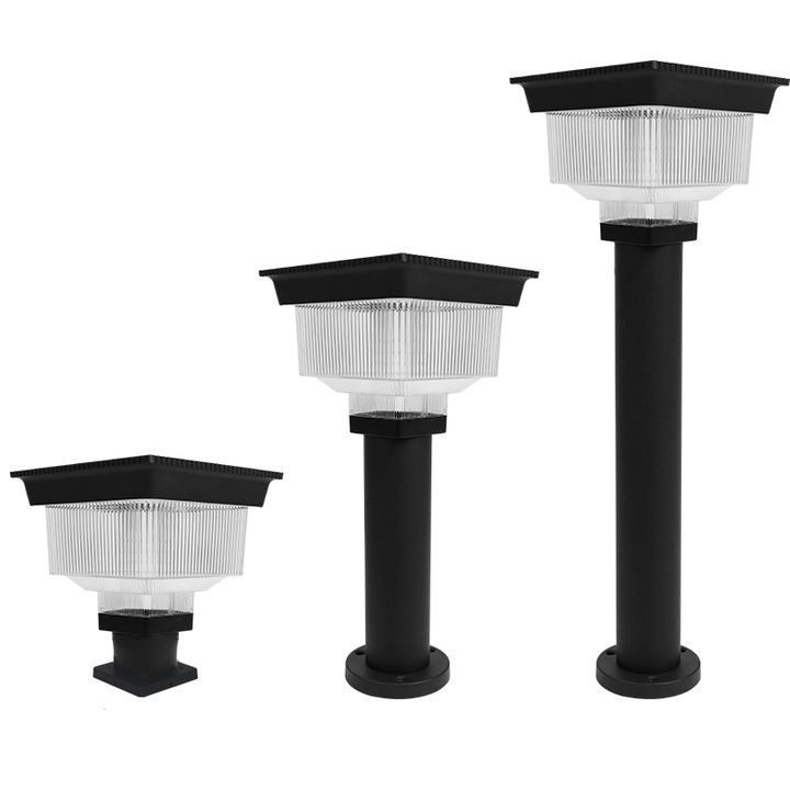 Square-top ribbed lamps shown as a short square-base form and two round-base posts.