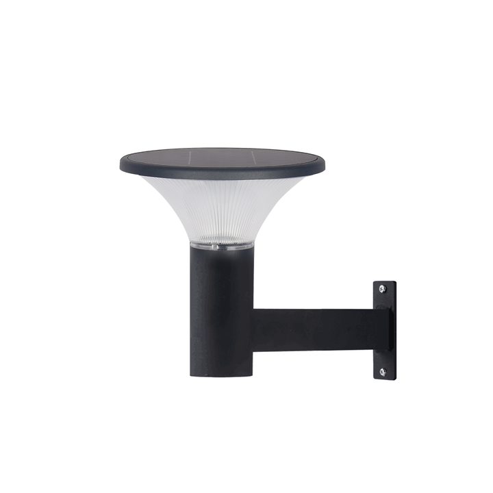 Round ribbed lamp head with a horizontal wall arm and vertical fixing plate.