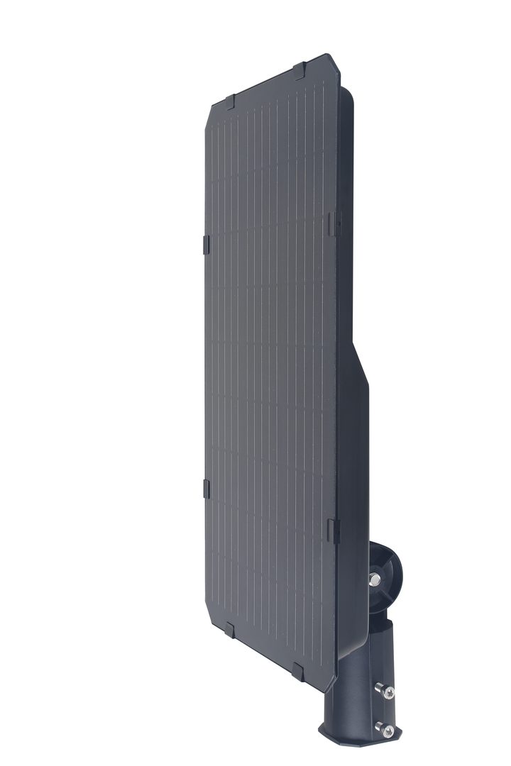 Panel-side view of a dark street-light housing, showing edge clips and the mounting joint.