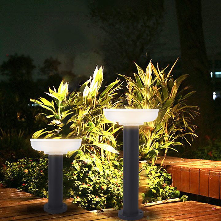 Illustration of two round white lamps beside planting and decking