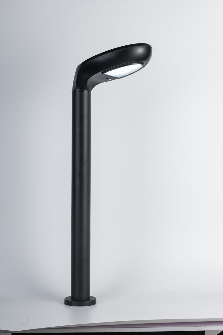Tall curved-head lamp with illuminated underside and round base