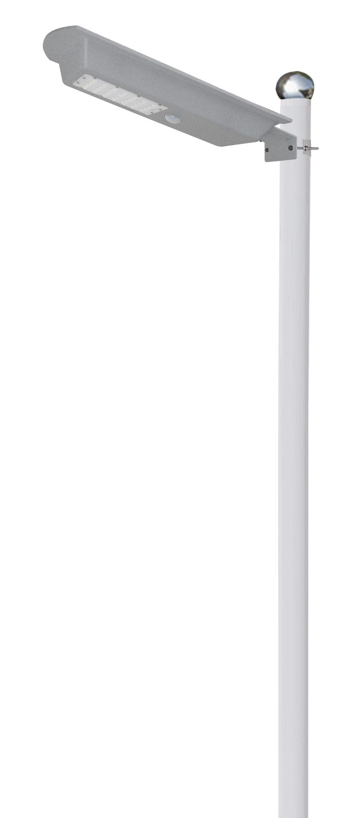 Grey street-light housing and its connection to a white pole