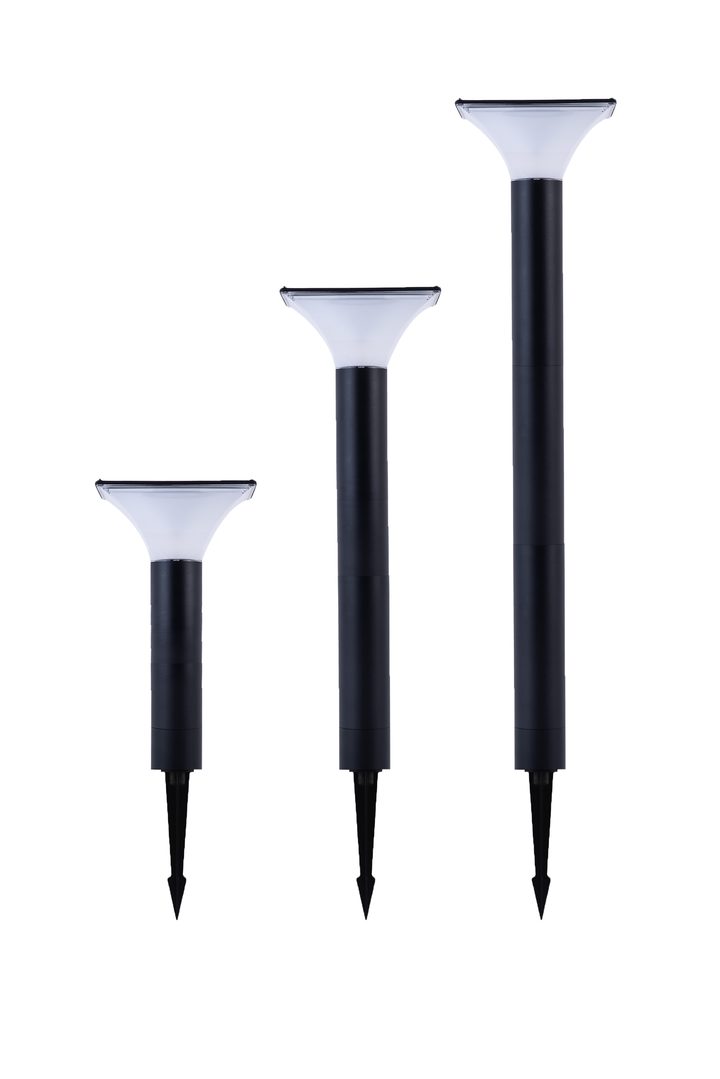 Opaque square lamp forms with differing upright lengths and ground stakes (illustration).