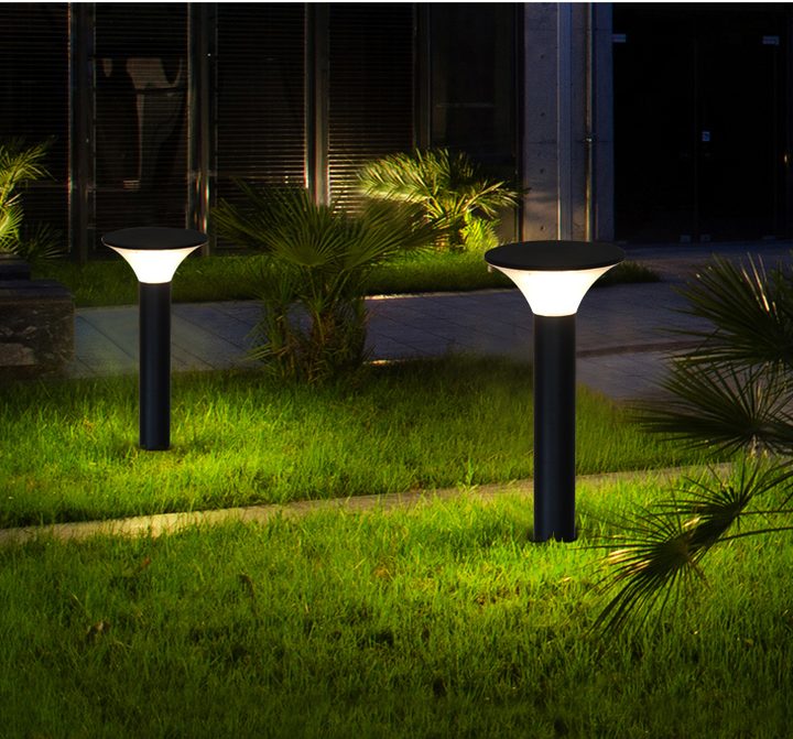 Round lamp forms on a lawn among palms in a placement illustration.