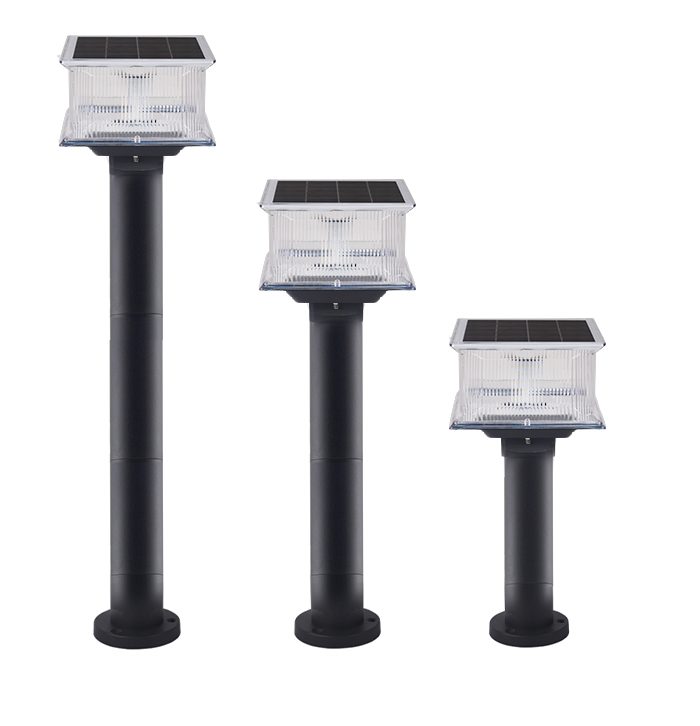 Square-head lamps pictured on cylindrical posts with round flange bases.