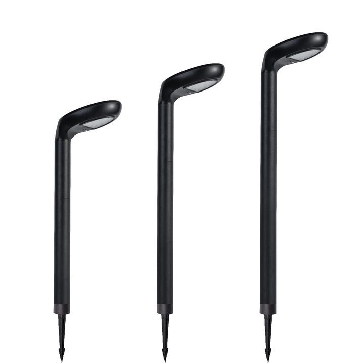 Curved-head lamps pictured with ground spikes and differing stem lengths.